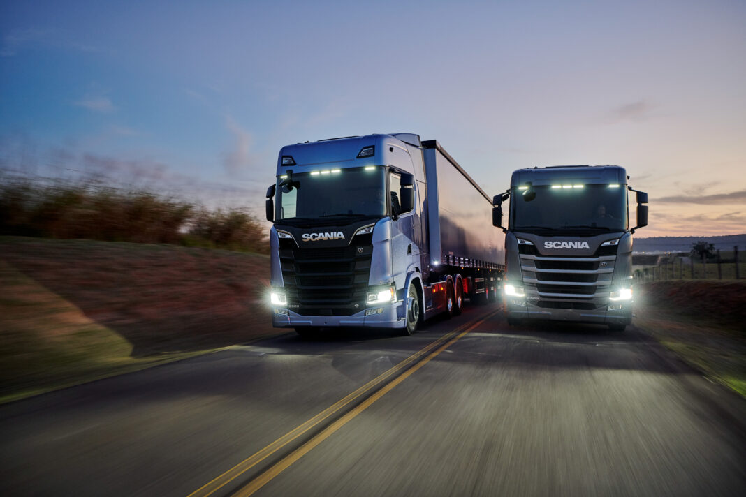 Scania S 620 V8 6x4 with curtainside semitrailer and Scania R 500 6x4 grain transport